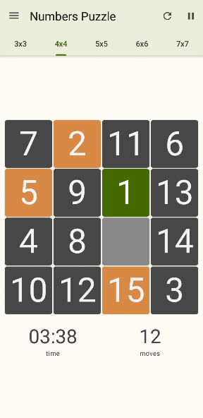 15 Number puzzle sliding game screenshot