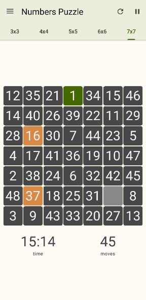 15 Number puzzle sliding game screenshot