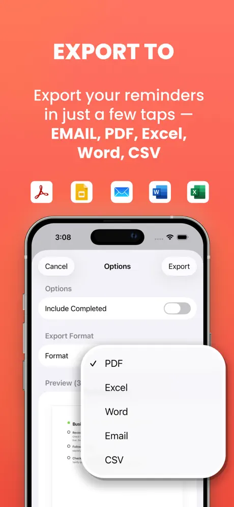 Export Reminders: CSV/PDF/Docx screenshot