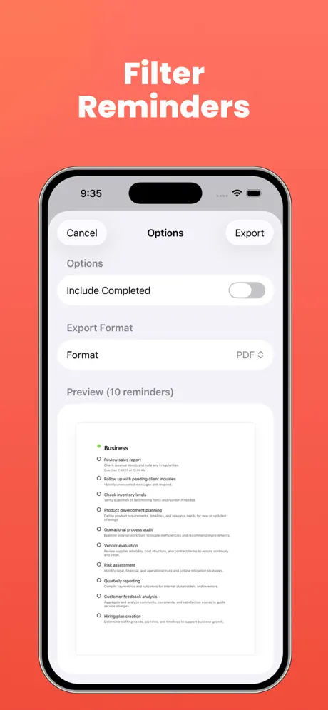 Export Reminders: CSV/PDF/Docx screenshot